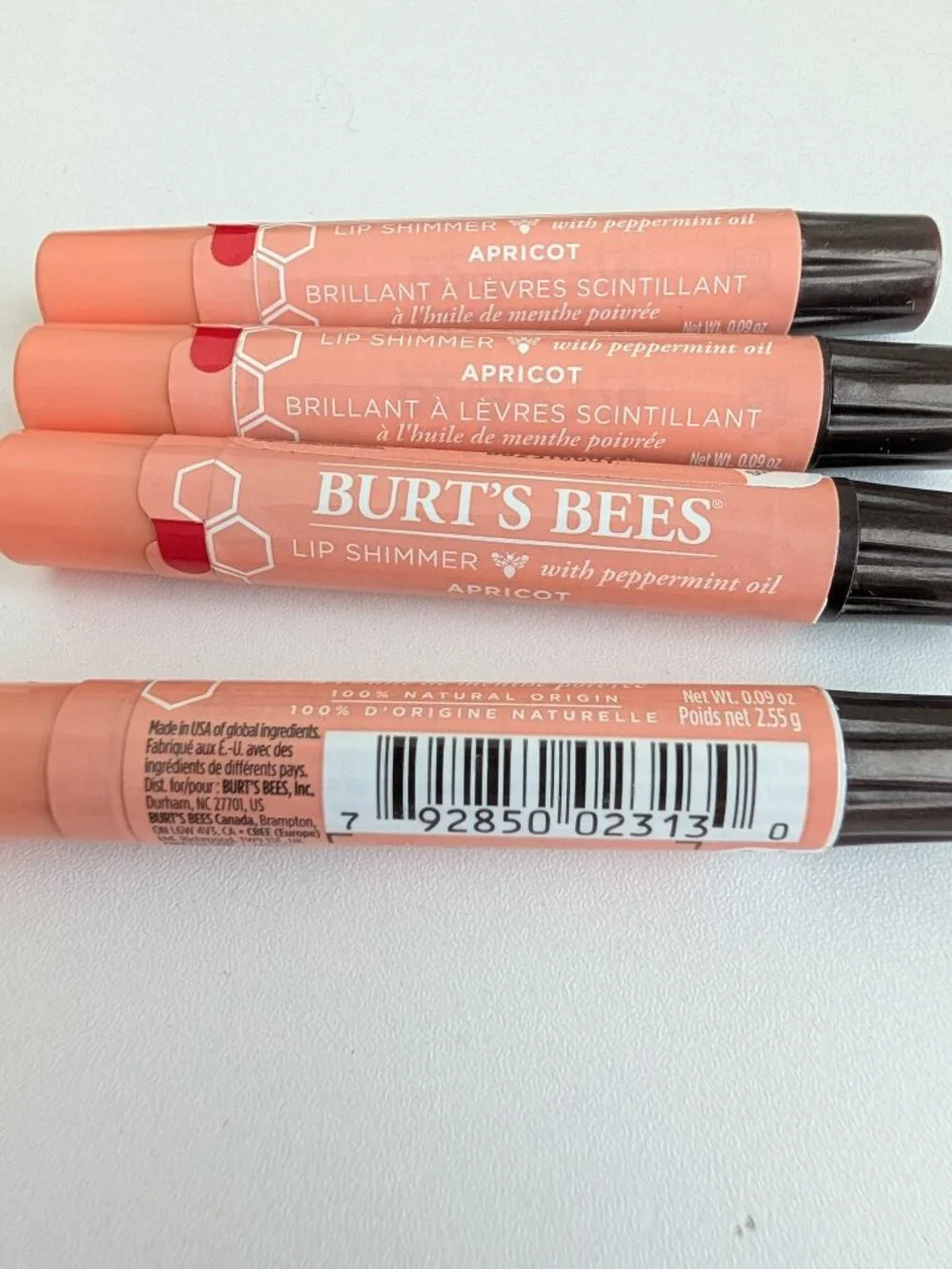 4 X Burt's Bees Lip Shimmer with Peppermint Oil - Apricot - 100% Natural SEALED